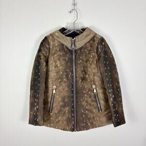 MONCLER Arbu Down Jacket Women’s 0 XS Brown Deer Print Hooded Designer READ